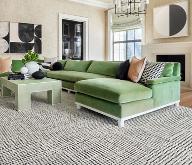 Modern living room with FLOR Penny For Your Thoughts area rug shown in Black