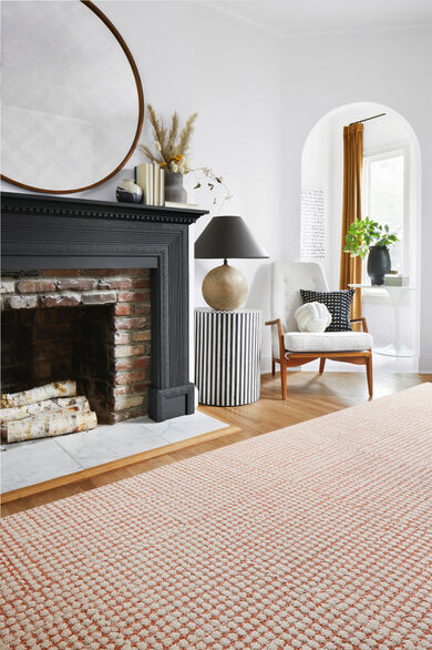 Fireplace with FLOR Penny For Your Thoughts shown in Coral