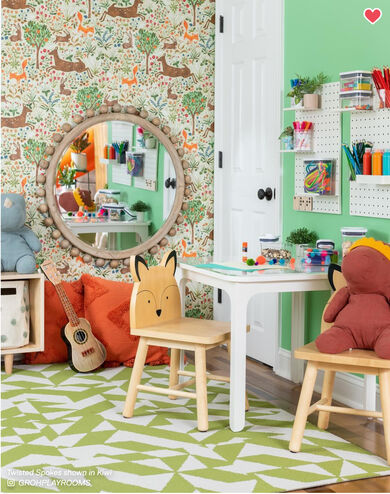 Play room with FLOR Twisted Spokes shown in Kiwi