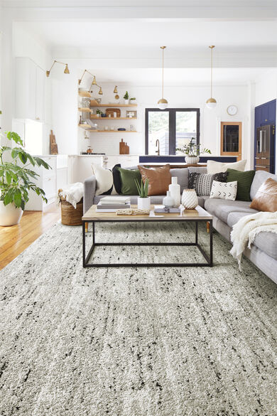 Living room FLOR area rug Tivoli Touch shown in Chalk