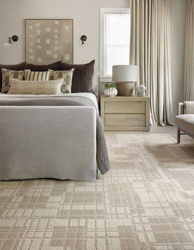 Bedroom with FLOR Plaid And Simple shown in Bone/Tundra