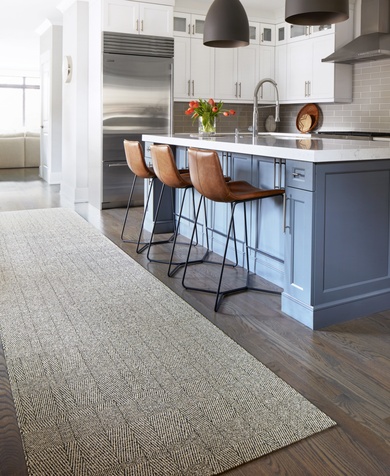 Kitchen with FLOR Tweed Indeed runner rug shown in Pearl