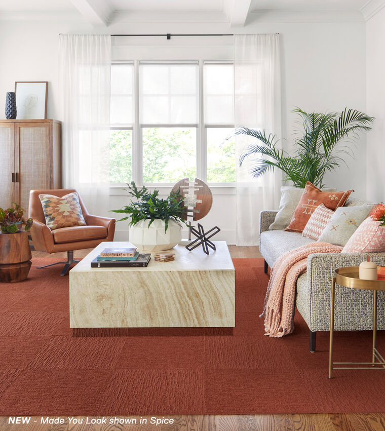 Living Room with FLOR Made You Look shown in Spice