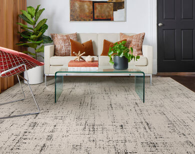 Seating area with FLOR Tuxedo Pocket area rug shown in Pearl