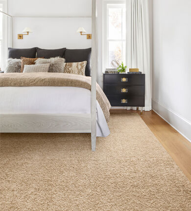 Bedroom with FLOR In The Deep shown in Eggnog