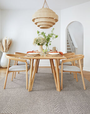 Dining room with NEW FLOR area rug Banter in Pearl/Fieldstone