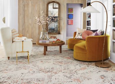 Living room with FLOR Heart And Sole area rug shown in Coral