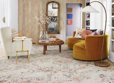 Living room with FLOR Heart And Sole area rug shown in Coral