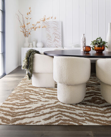 Kitchen table with FLOR area rug Into The Wild shown in Wheat