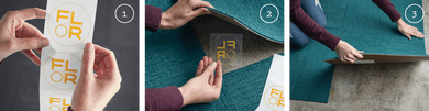 Photo diagram showing steps 1-2-3 of installing a FLOR rug