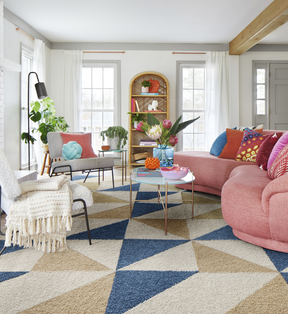 Living Room with FLOR In The Deep area rug shown in Bone, Eggnog, and Tidal