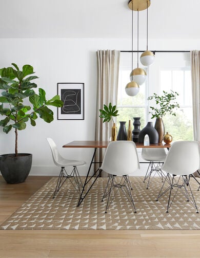 Dining room with FLOR Moon Walk shown in Fawn