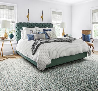 Bedroom with FLOR Tailored Touch area rug in Light Blue