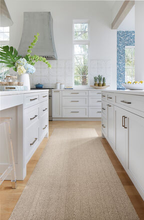 FLOR Tweed Indeed kitchen runner rug shown in Dune