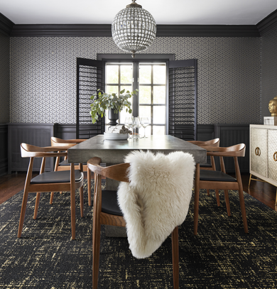 Dining room with FLOR Tuxedo Pocket area rug shown in Black/Gold
