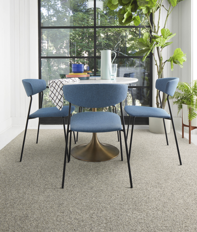 Dining Room with FLOR Industrious area rug shown in Beige