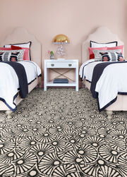Pink and Navy decorated bedroom with FLOR Garden Party area rug shown in Black