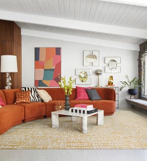 Living Room with FLOR Crossed Signals area rug shown in Bone/Maize