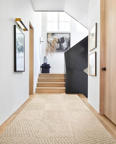 Stairway with FLOR runner rug Coming Along shown in Pearl
