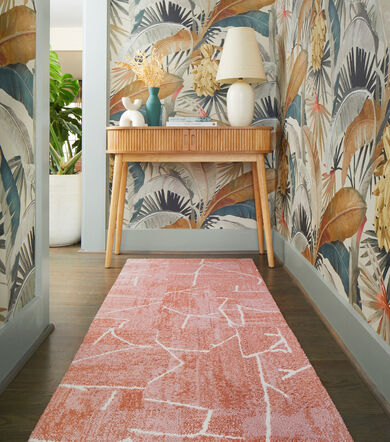 Entryway with FLOR Terrain runner rug shown in Coral