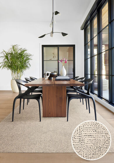 Dining room with FLOR Hemline area rug shown in Pearl