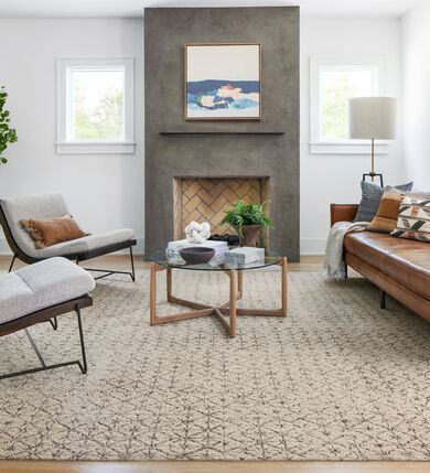 Living room FLOR area rug Vintage Vibe shown in Cream