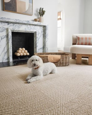 Why FLOR page, showing a lifestyle image of Connect The Dots shown in Flint/Pearl