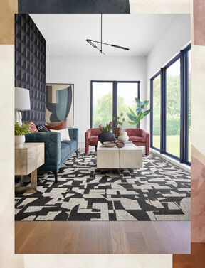 Living Room with FLOR Modern Maze area rug shown in Flint