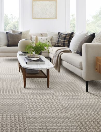 FLOR Good Company area rug in living room shown in Pigeon