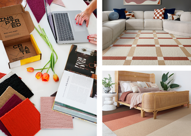 Collage of three photos: 1. table top view of designer at desk using computer with FLOR Made You Look carpet tile swatches in red and pink hues, with flowers, and books; 2. living room of FLOR Signature Rug Boxed In shown in Bone; 3. bedroom with FLOR Made You Look custom rug in Bark, Mahogany, Spice, Tawny, Eggnog, Pearl.