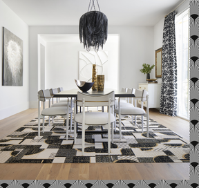 Dining room with FLOR Clevelander area rug shown in Black/Gold