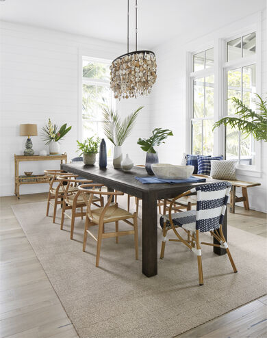 Dining Room with FLOR Tweed Indeed area rug shown in Dune