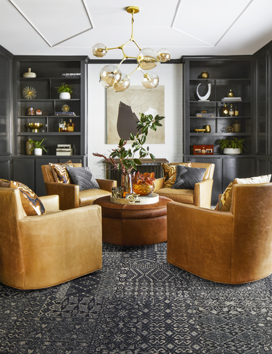 Living room with FLOR area rug Oasis Retreat shown in Granite