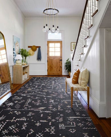 Entryway with FLOR Drawn To You area rug shown in Midnight