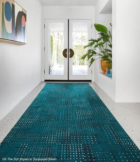 Hallway with FLOR On The Dot shown in Turquoise/Silver