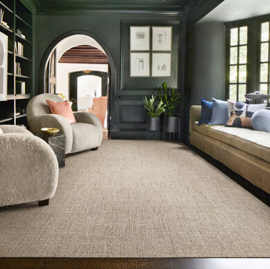 Living room with FLOR London Twill shown in Topaz