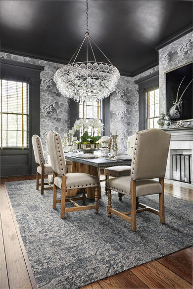 Dining Room Area with FLOR Savoir Faire area rug shown in Dusk/Silver.