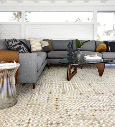 Living room with FLOR Check It Out shown in Pearl