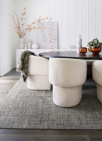 Dining room with FLOR London Twill area rug shown in Flint/Pearl