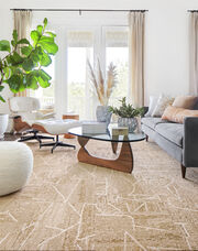 NEW – FLOR Terrain living room area rug shown in Pearl.