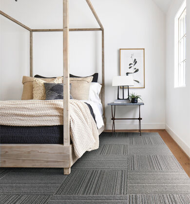 Bedroom with FLOR Out Of Line shown in Granite