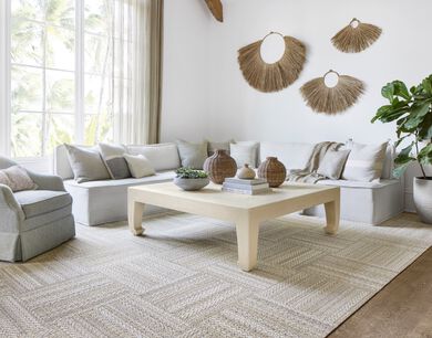 Living Room with FLOR Skipping Rope area rug shown in Pearl
