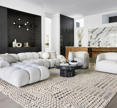 Living room with FLOR On The Square shown in Eggnog