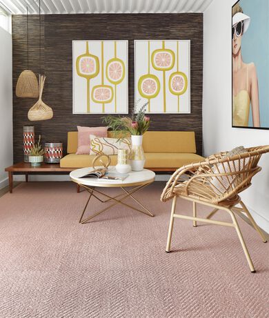 Living area with New FLOR Open Invitation area rug shown in Blush
