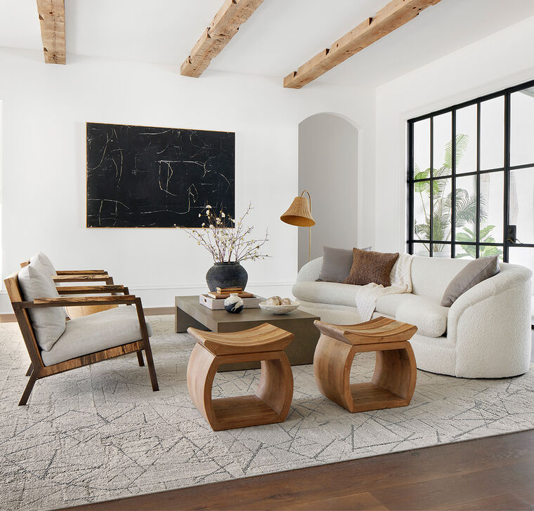 Living room with FLOR Chasing Pavement area rug shown in Chalk/Silver