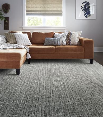 FLOR Be Cool living room area rug shown in Frost