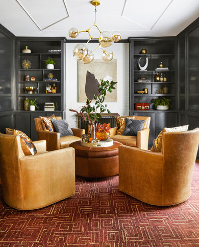 Living room with FLOR area rug Gatsby shown in Spice/Gold