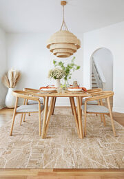 Terrain dining room rug shown in Pearl