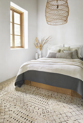 Bedroom with FLOR area rug Foothills in Eggnog