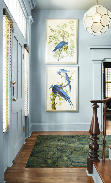 Entryway with FLOR area rug Palm Reader shown in Kale